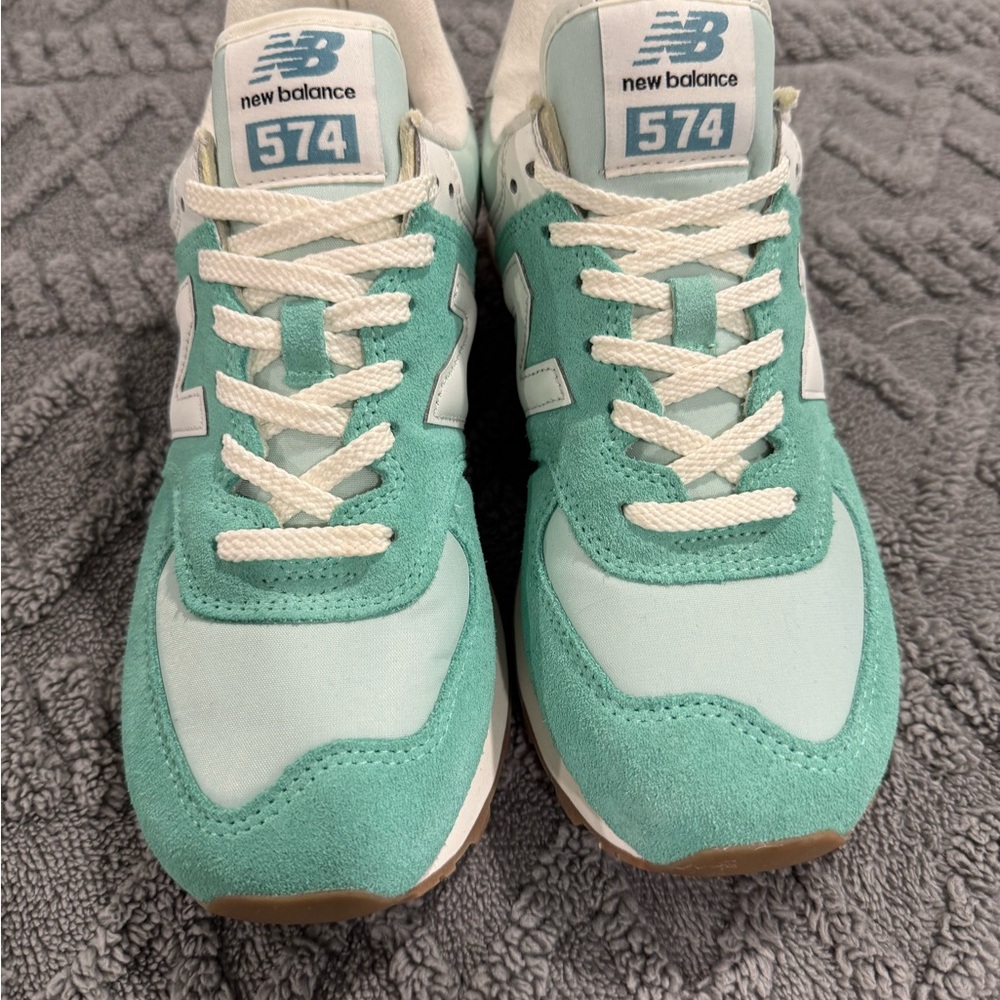 New Balance 574 White and Light Blue Sneakers
